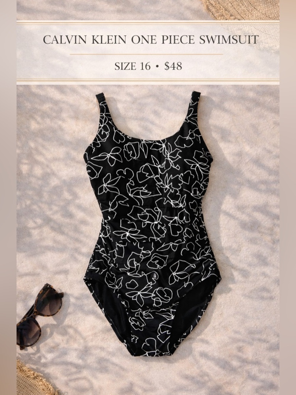 Calvin Klein Floral One Piece Swimsuit Size 16 Ruched Tummy Control Black White